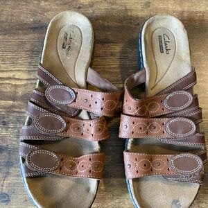 Clarks Brown Leather Multi-Strap Slide Sandals
